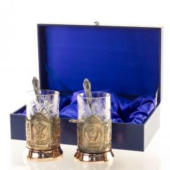 Подарочный набор Чайная пара в жестком футляре (медные подстаканники на выбор) 130006 Кольчугинский завод цветных металлов